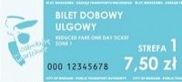 stary wzór biletu dobowego ulgowegona strefę 1 w kolorze błękitnym