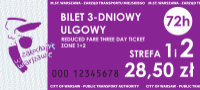 stary wzór biletu 3-dniowego ulgowego na strefę 1 i 2 w kolorze fioletowym