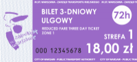 stary wzór biletu 3-dniowego ulgowegona strefę 1 w kolorze fioletowym