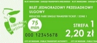stary wzór biletu 75-minutowego ulgowego w kolorze zielonym