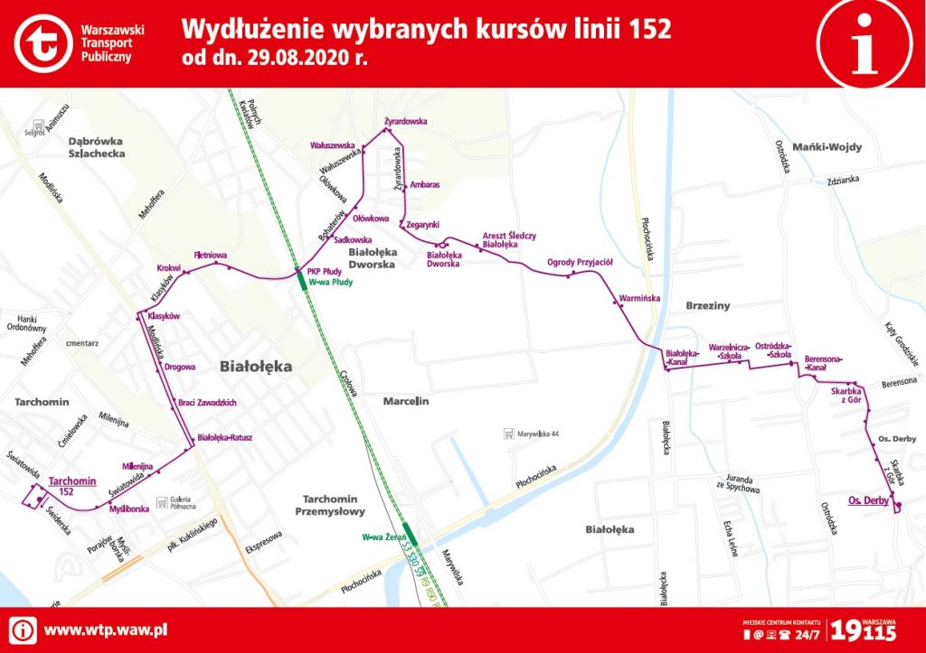 grafika - Schemat wydłużenia wybranych kursów linii 152 od 29 sierpnia 2020 roku.
