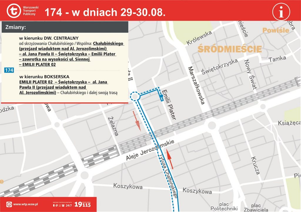 Schemat zmian w rejonie ronda Czterdziestolatka (Dw. Centralnego) - linia 174