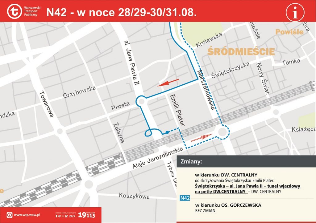 Schemat zmian w rejonie ronda Czterdziestolatka (Dw. Centralnego) - linia N42