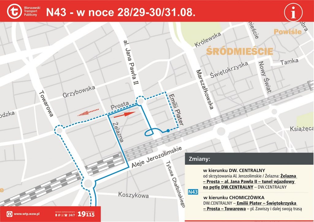 Schemat zmian w rejonie ronda Czterdziestolatka (Dw. Centralnego) - linia N43