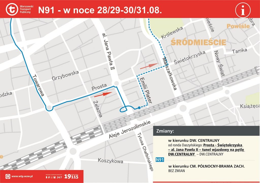 Schemat zmian w rejonie ronda Czterdziestolatka (Dw. Centralnego) - linia N91