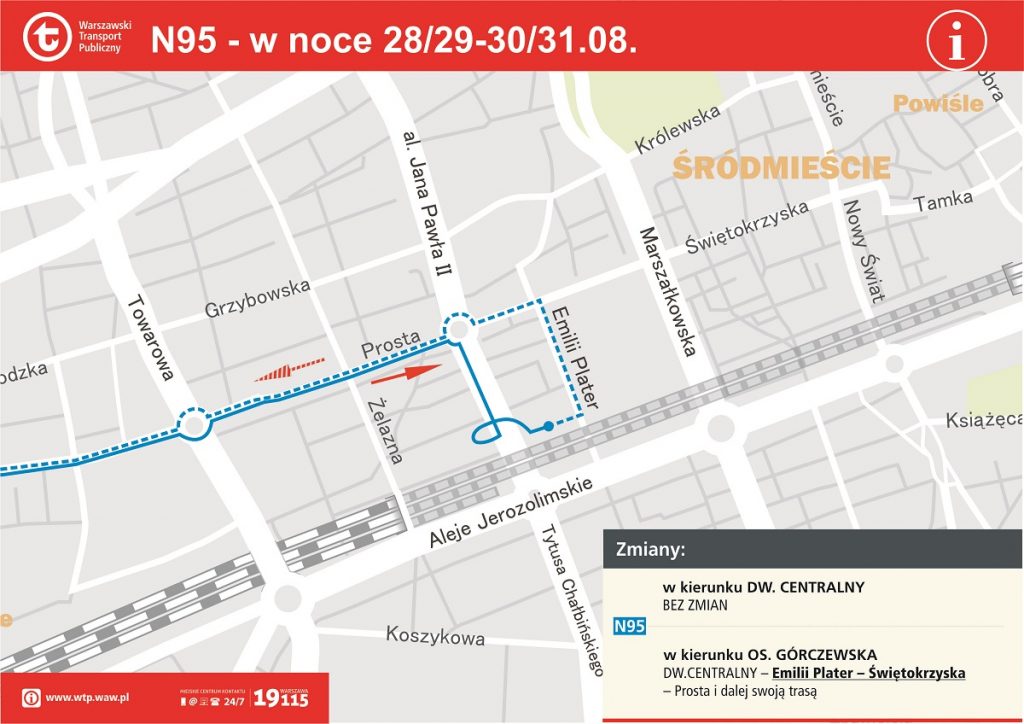 Schemat zmian w rejonie ronda Czterdziestolatka (Dw. Centralnego) - linia N95