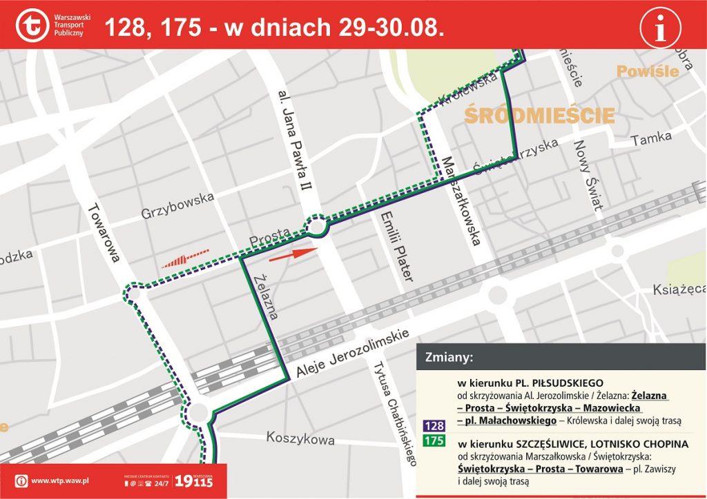 Schemat zmian w rejonie ronda Czterdziestolatka (Dw. Centralnego) - linie 128 i 175 (29-30.08)