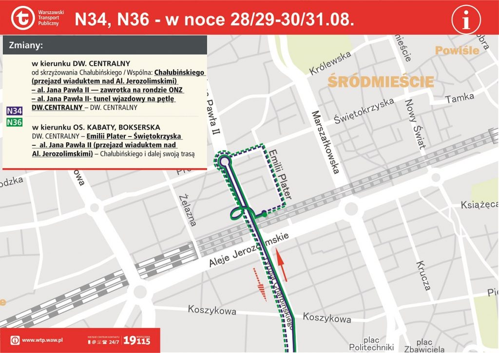 Schemat zmian w rejonie ronda Czterdziestolatka (Dw. Centralnego) - linie N34 i N36