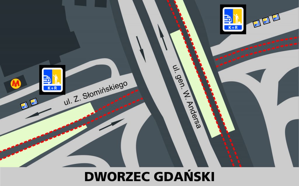 Lokalizacja stref Kiss and Ride w rejonie Dworca Gdańskiego: przy jezdni północnej ulicy Słomińskieg - 3 miejsca przed wiaduktem z ulicą generała Andersa i dwie za wiaduktem (przed wejściem na dworzec i do metra).