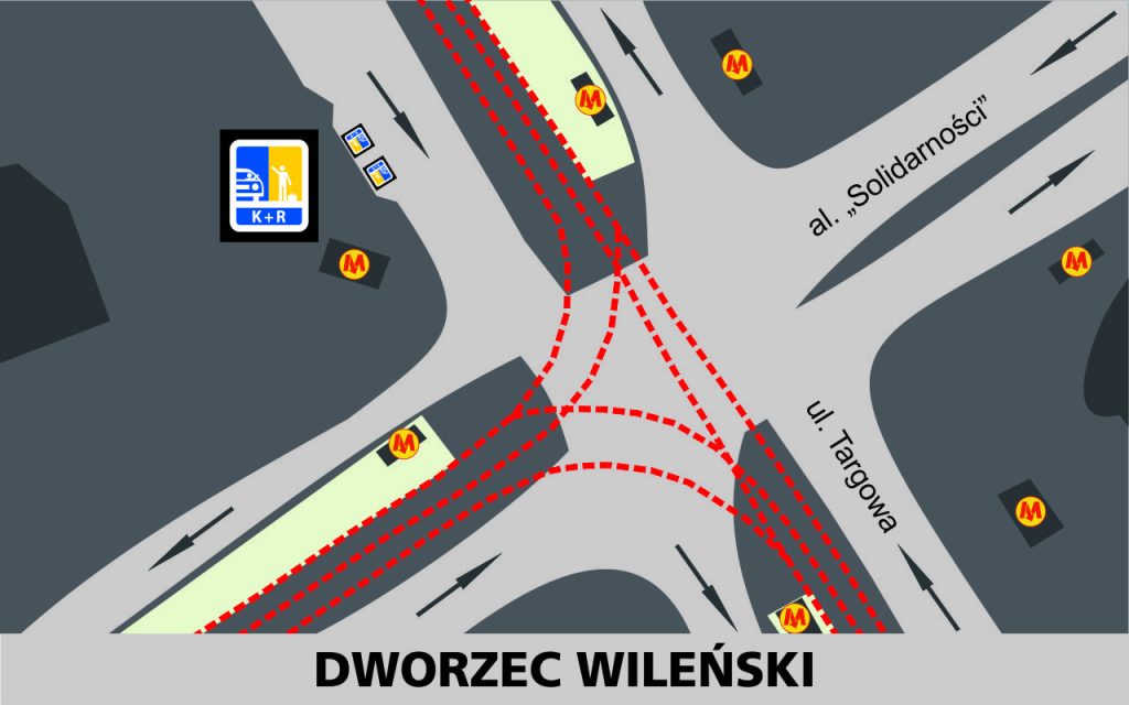 Lokalizacja stref Kiss and Ride w rejonie Dworca Wileńskiego: przy zachodniej jedni ulicy Targowej - 2 miejsca przed skrzyżowaniem z aleją Solidarności (obok wejścia do metra)