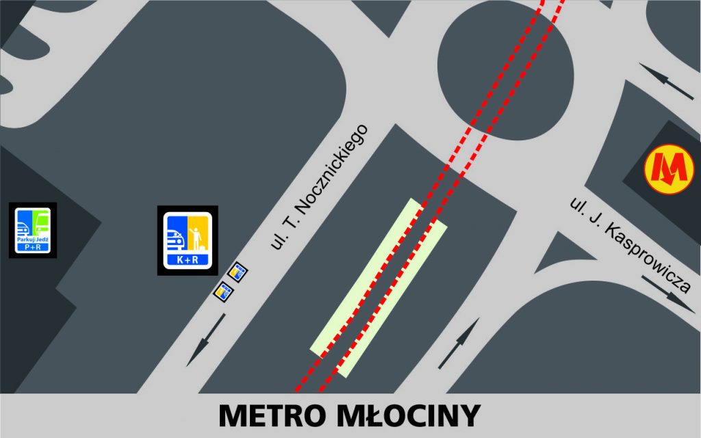 Lokalizacja stref Kiss and Ride w rejonie stacji Metro Młociny: przy jezdni zachodniej ulicy Nocznickiego - 2 miejsca za rondem z ulicą Kasprowicza (na wysokości pętli autobusowej).
