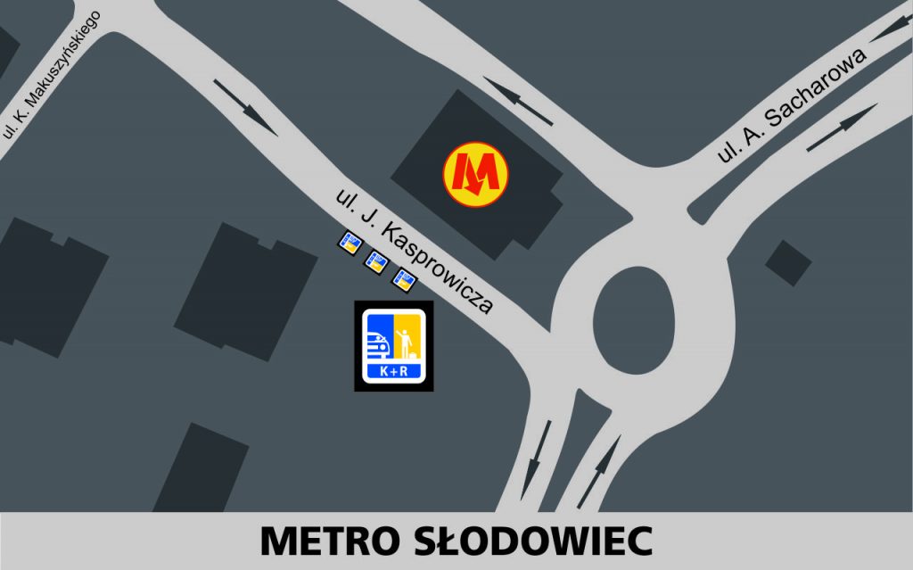 Lokalizacja stref Kiss and Ride w rejonie stacji Metro Słodowiec: przy jezdni południowej ulicy Kasprowicza - 3 miejsca przed rondem z ulicą Sacharowa, przed wejściem do metra (zachodnia głowica).