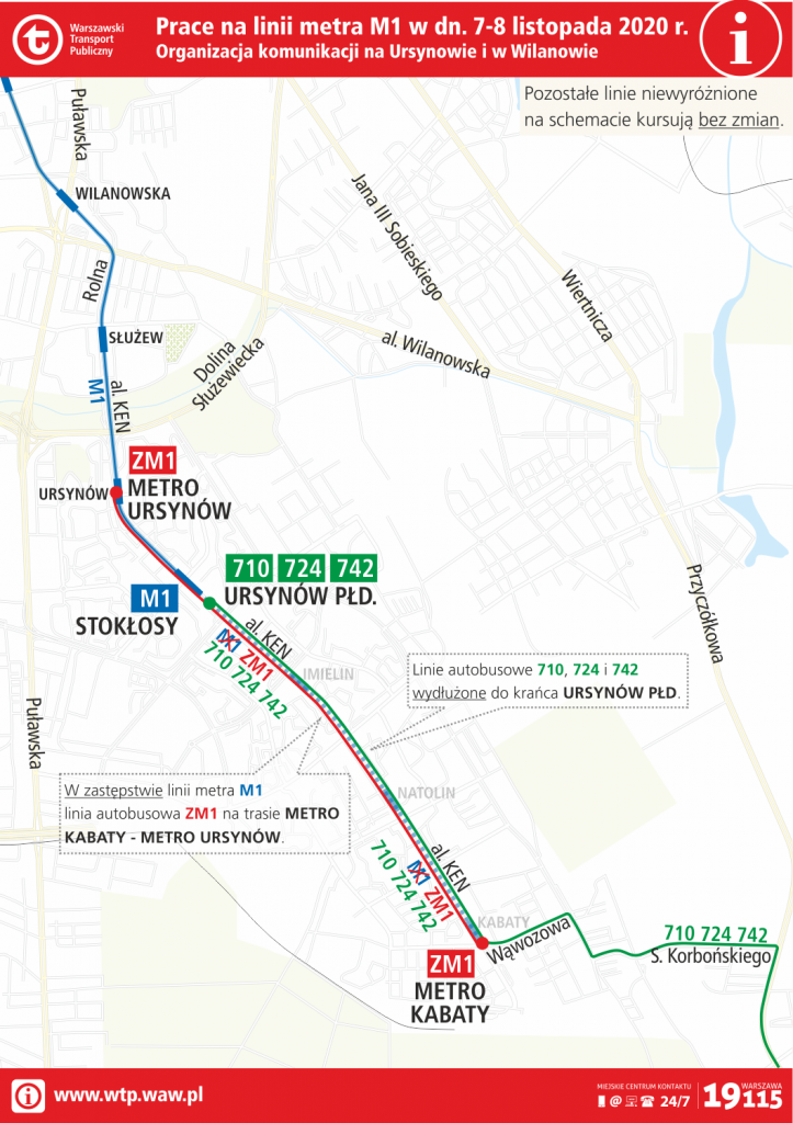 schemat organizacji komunikacji na Ursynowie i w Wilanowie podczas prac na pierwszej linii metra w dniach 7-8 listopada.