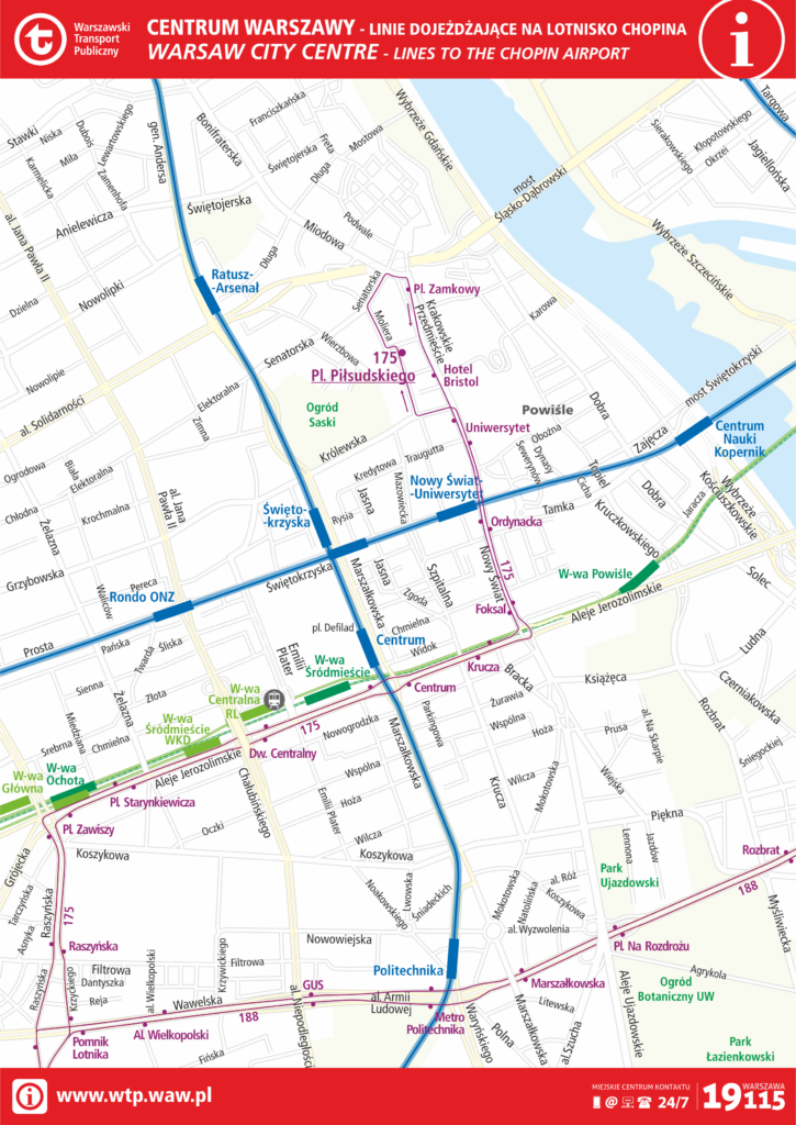 schemat: lokalizacja przystanków i przebieg linii autobusowych i kolejowych jadących na Lotnisko Chopina