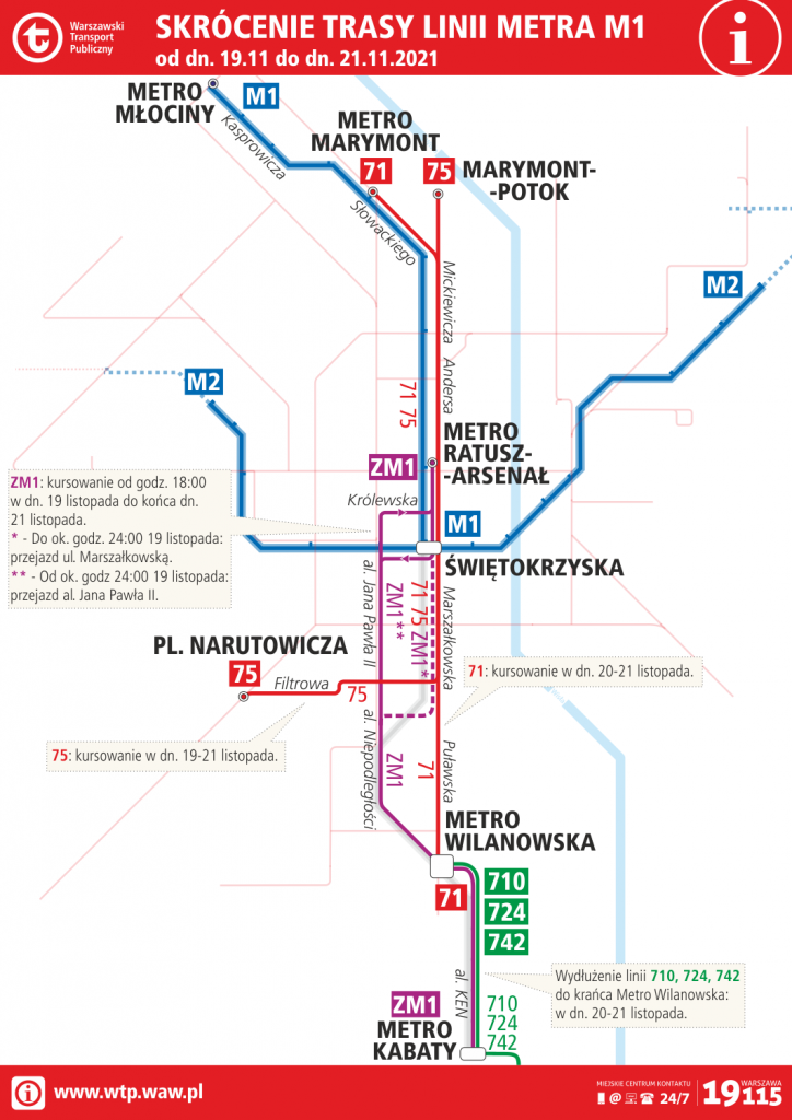 grafika - schemat kursowania linii 71, 75 i ZM1 podczas weekendu 19-21.11.2021