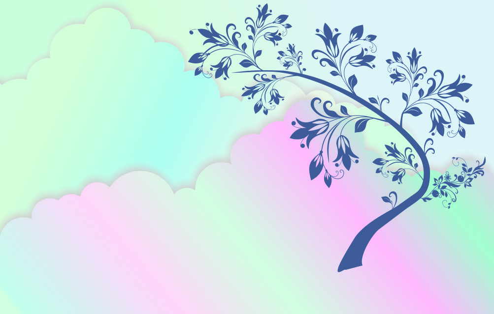 pastelowa grafika w kształcie chmur. Na pierwszym planie niebieska gałąź kwitnącego krzewu