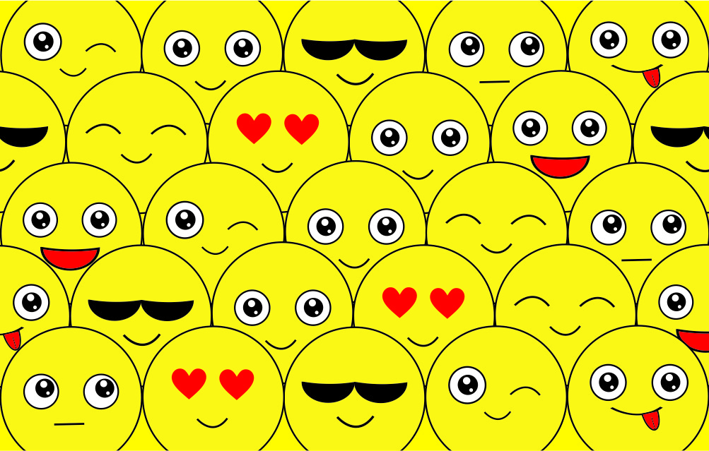 grafika w kolorze żółtym z szeregiem okrągłych buziek, tzw. smile