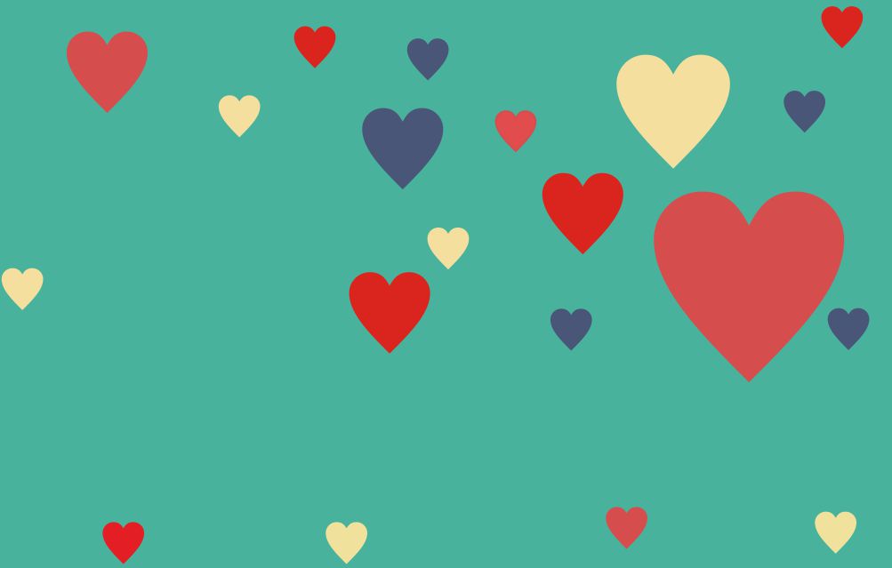 rysunek - na zielonym tle układ czerwonych, żółtych i niebieskich serc