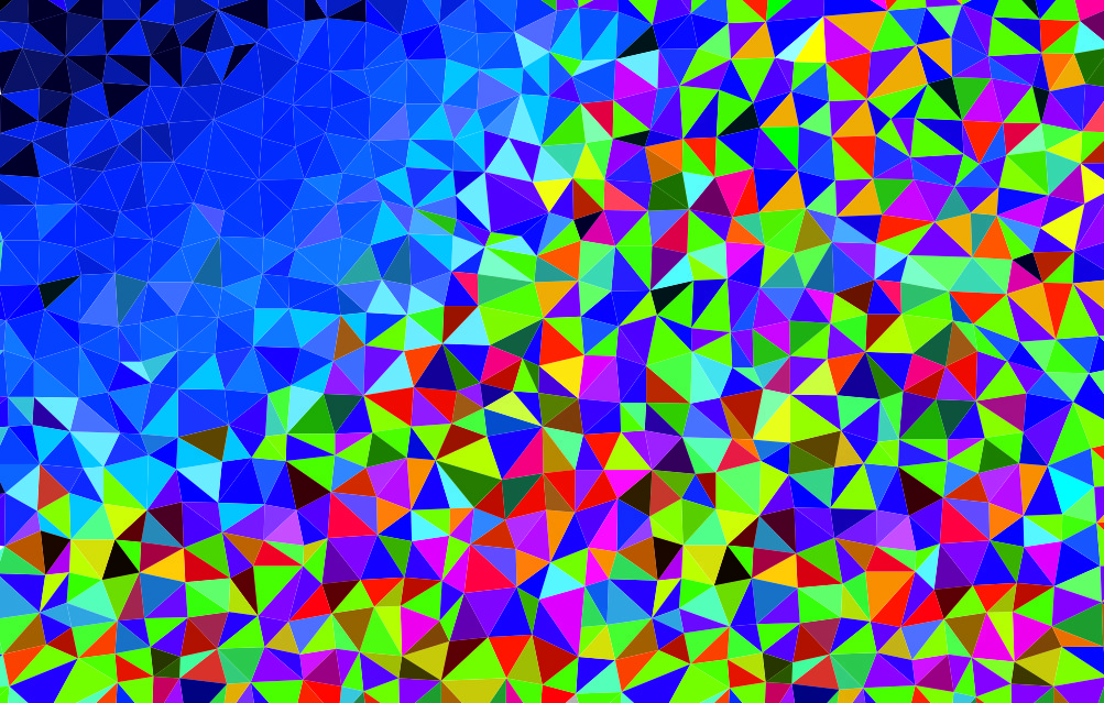 wielokolorowa grafika, z przewagą niebieskiego, składająca się z wielu sąsiadujących ze sobą trójkątów