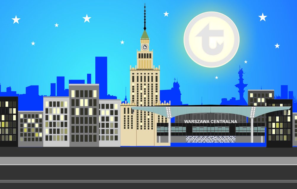 grafika przedstawiająca centrum Warszawy w nocy. W księżyc w pełni wpisany jest logotyp WTP (litera t otoczona okręgiem). Dominującymi kolorami są niebieski i szary