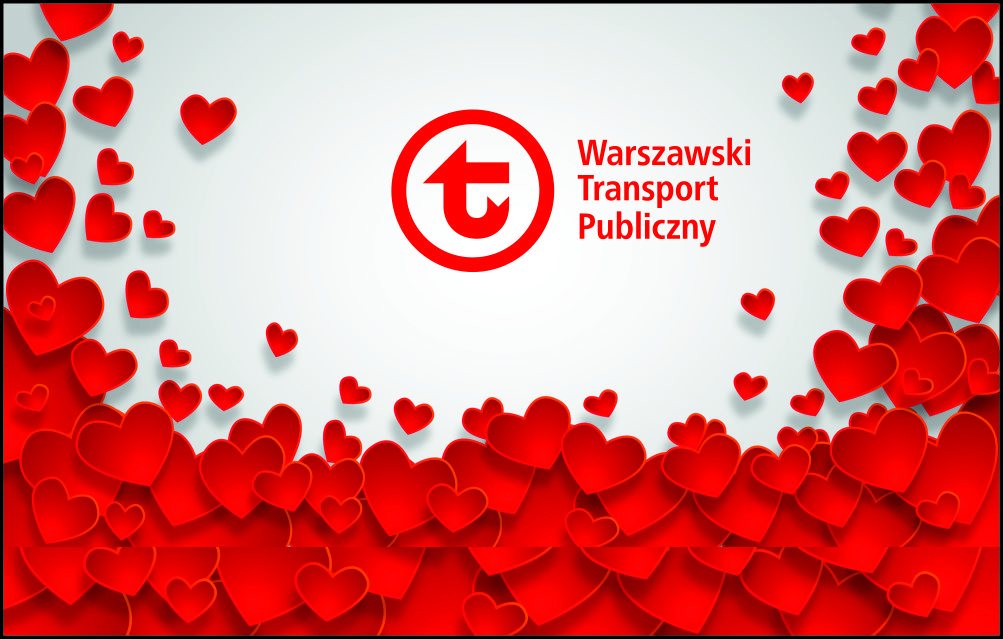 grafika - w centralnym miejscu logotyp Warszawskiego Transportu Publicznego (czerwona litera t otoczona czerwonym okręgiem). Na około umieszczono dużo nakładających się czerwonych serc