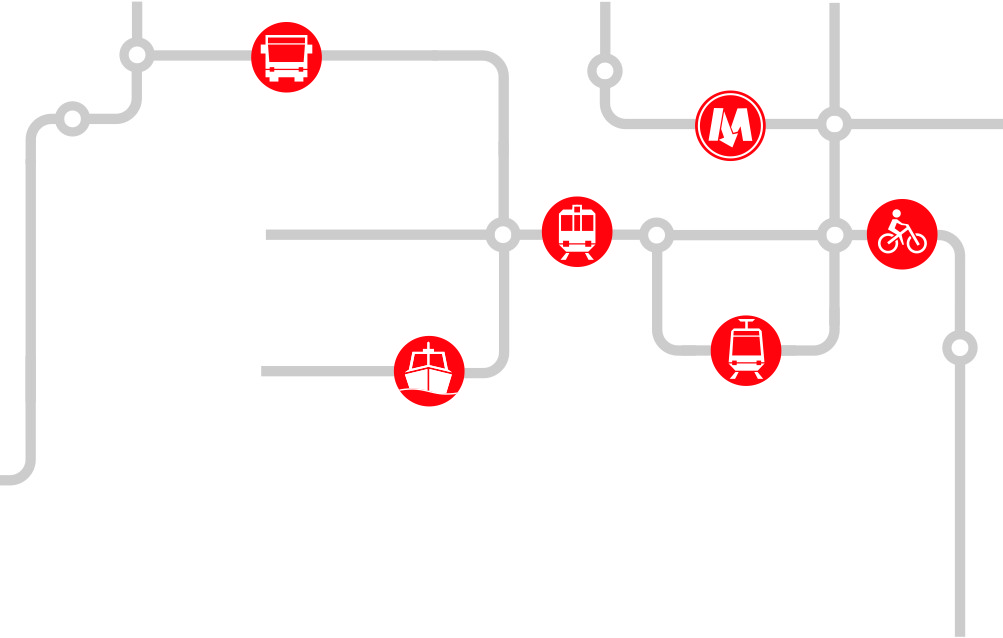 grafika - na białym tle schematycznie przedstawiony układ tras pojazdów z węzłami komunikacyjnymi oraz symbolami środków komunikacji miejskiej (w kolorze czerwonym)