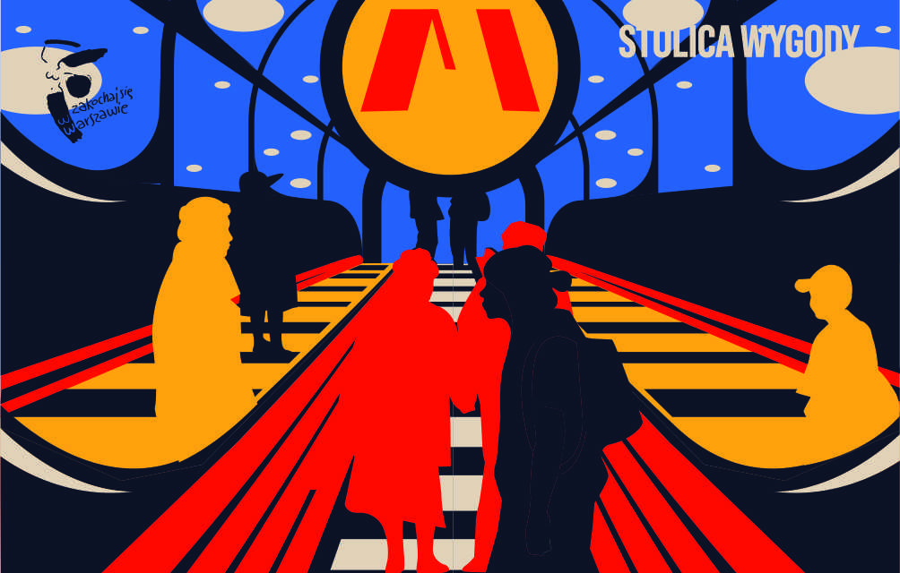 grafika z napisem "stolica wygody" przedstawiająca postaci osób wyjeżdźające schodami z metra