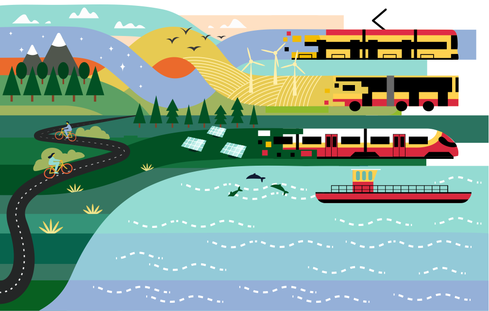 grafika przedstawiająca cztery typy taboru warszawskiego (tramwaj, autobus, pociąg SKM i prom) wkomponowane w krajobra natury