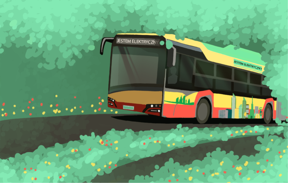 grafika autobusu elektrycznego w barwach WTP otoczonego zielenią