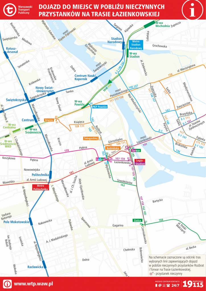 schemat dojazdu do miejsc położonych w pobliżu nieczynnych przystanków na Trasie Łazienkowskiej
