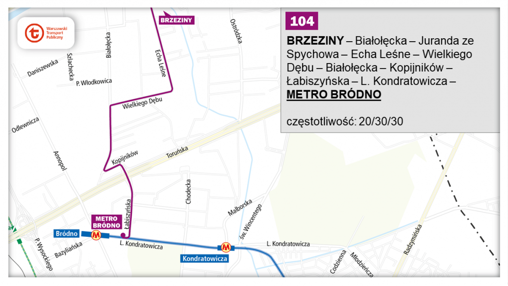 schemat proponowanego przebiegu linii 104 po otwarciu północnowschodniego odcinka linii metra M2