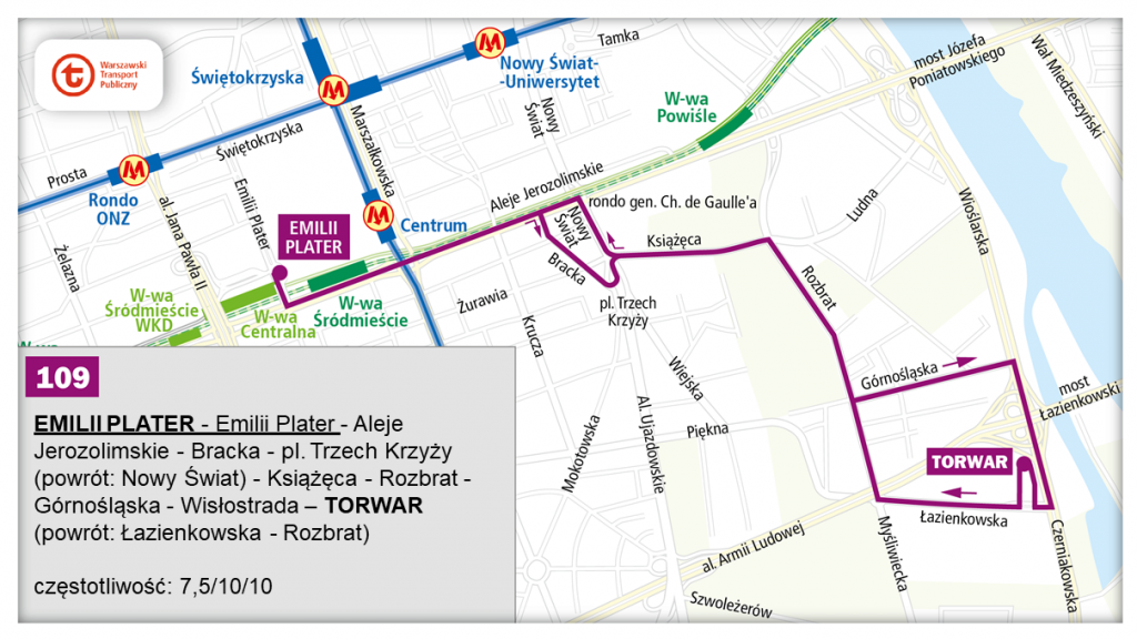 schemat proponowanego przebiegu linii 109 po otwarciu bemowskiego odcinka linii metra M2