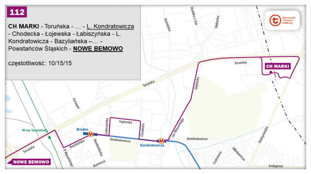 schemat proponowanego przebiegu linii 112 po otwarciu północnowschodniego odcinka linii metra M2