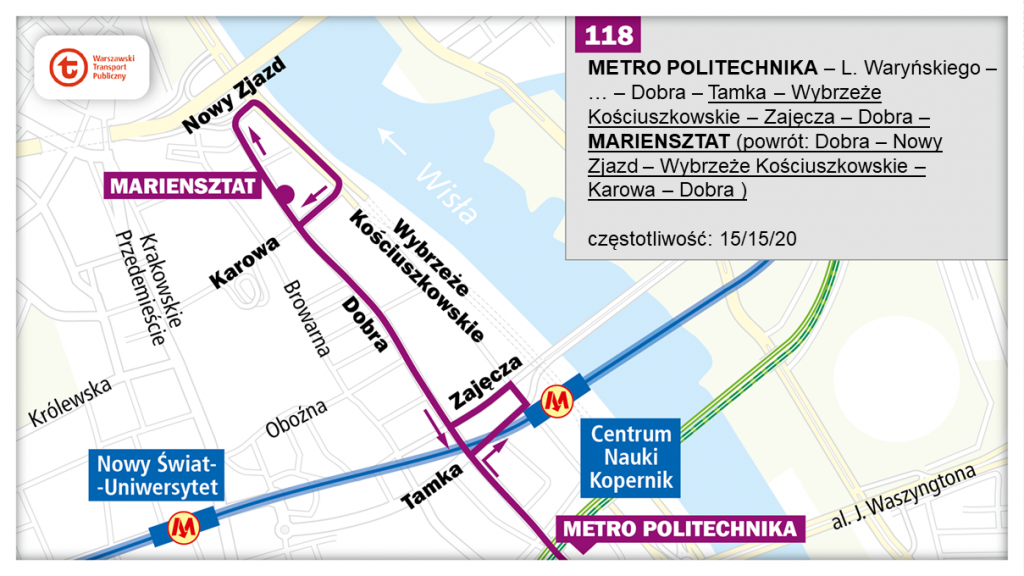 schemat proponowanego przebiegu linii 118 po otwarciu północnowschodniego odcinka linii metra M2