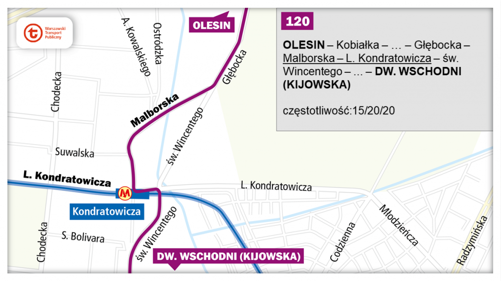 schemat proponowanego przebiegu linii 120 po otwarciu północnowschodniego odcinka linii metra M2