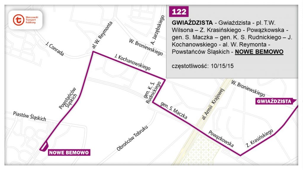 schemat proponowanego przebiegu linii 122 po otwarciu bemowskiego odcinka linii metra M2