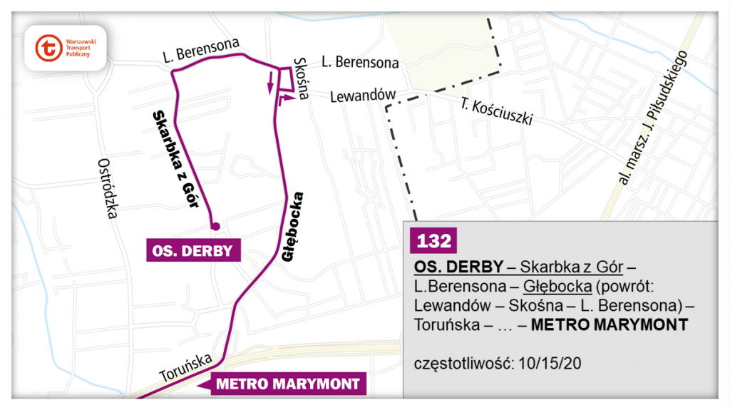 schemat proponowanego przebiegu linii 132 po otwarciu północnowschodniego odcinka linii metra M2