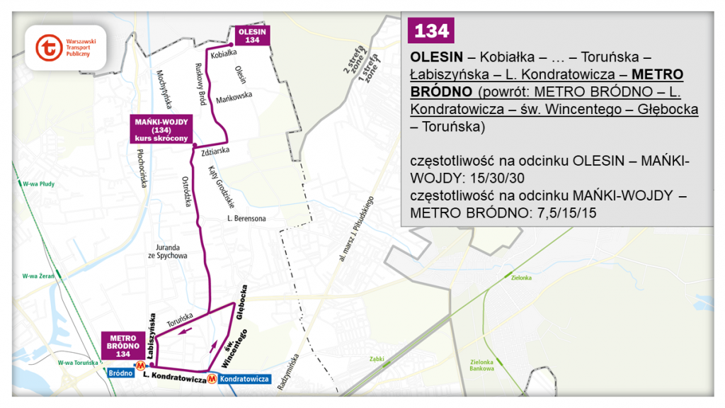schemat proponowanego przebiegu lini 134 po otwarciu północnowschodniego odcinka linii metra M2