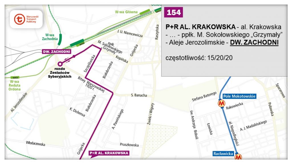 schemat proponowanego przebiegu linii 154 po otwarciu bemowskiego odcinka linii metra M2
