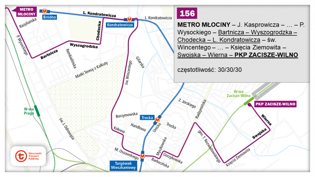 schemat proponowanego przebiegu linii 156 po otwarciu północnowschodniego odcinka linii metra M2