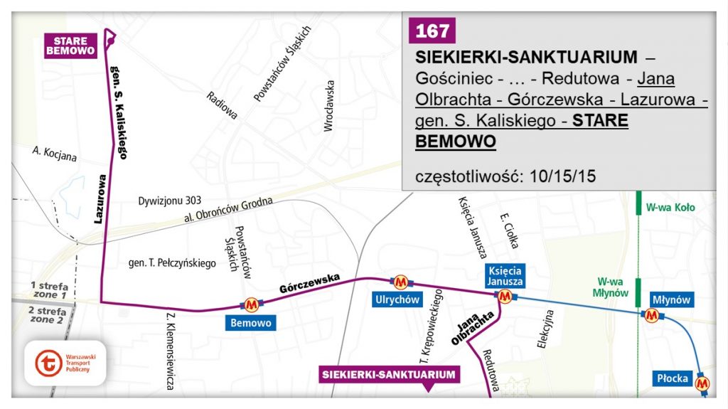 schemat proponowanego przebiegu linii 167 po otwarciu bemowskiego odcinka linii metra M2