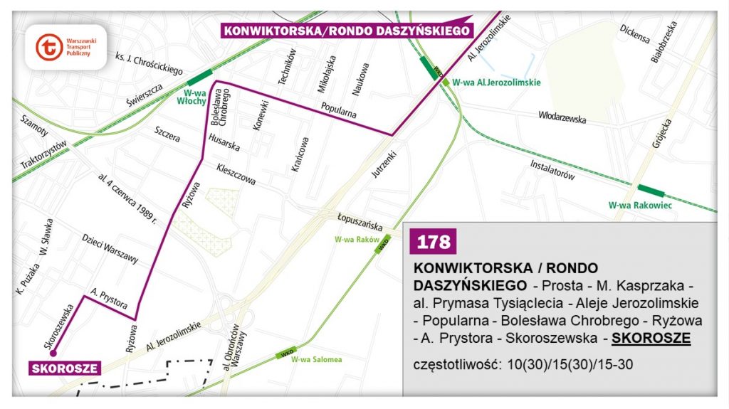 schemat proponowanego przebiegu linii 178 po otwarciu bemowskiego odcinka linii metra M2