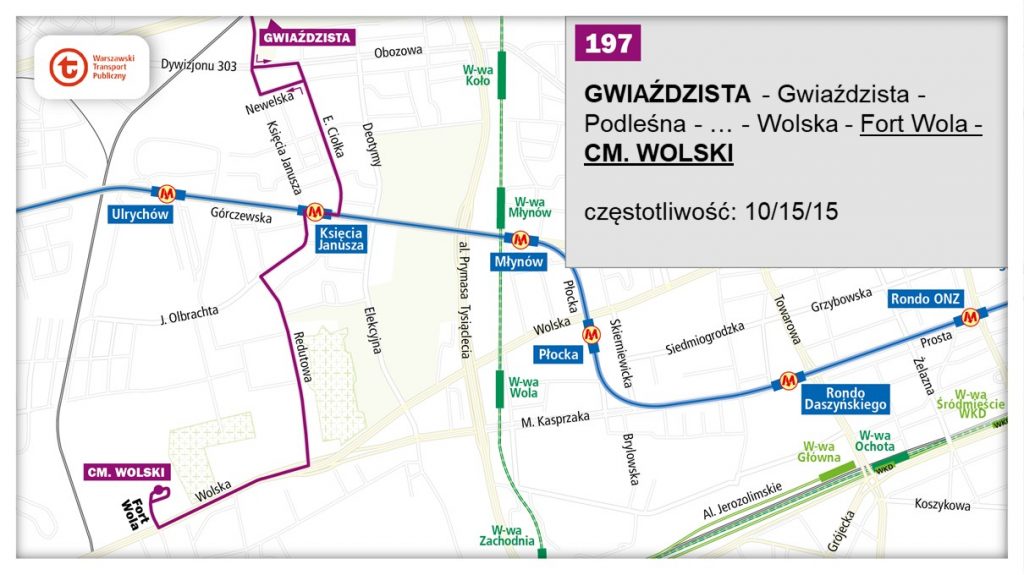 schemat proponowanego przebiegu linii 197 po otwarciu bemowskiego odcinka linii metra M2