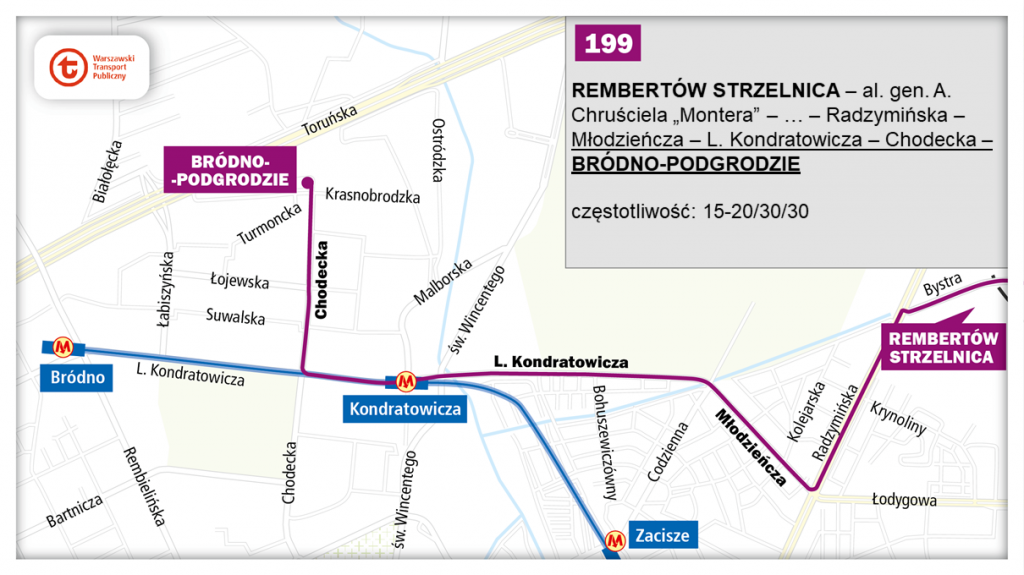schemat proponowanego przebiegu linii 199 po otwarciu północnowschodniego odcinka linii metra M2
