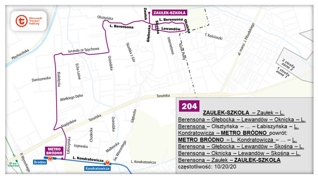 schemat proponowanego przebiegu linii 204 po otwarciu północnowschodniego odcinka linii metra M2