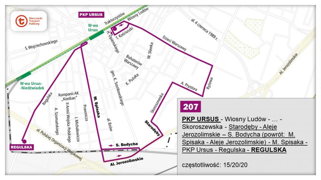 schemat proponowanego przebiegu linii 207 po otwarciu bemowskiego odcinka linii metra M2