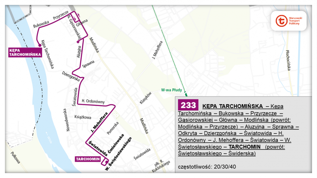 schemat proponowanego przebiegu linii 233 po otwarciu północnowschodniego odcinka linii metra M2