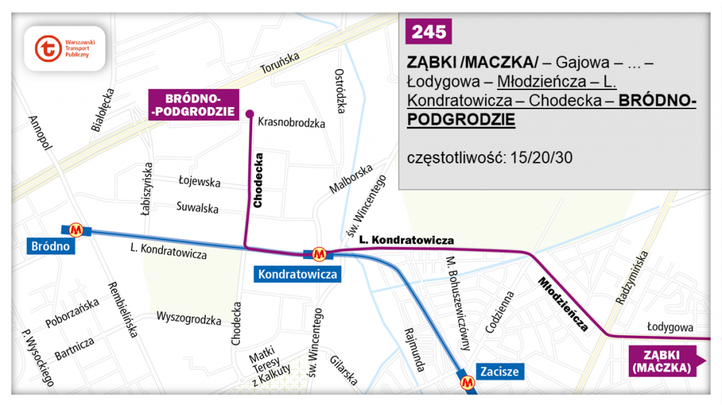 schemat proponowanego przebiegu linii 245 po otwarciu północnowschodniego odcinka linii metra M2