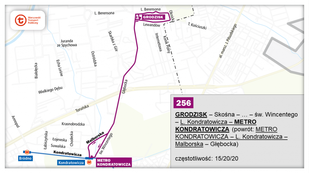 schemat proponowanego przebiegu linii 256 po otwarciu północnowschodniego odcinka linii metra M2