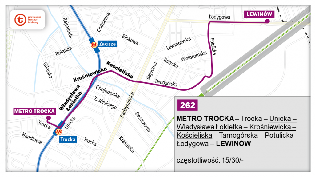 schemat proponowanego przebiegu linii 262 po otwarciu północnowschodniego odcinka linii metra M2